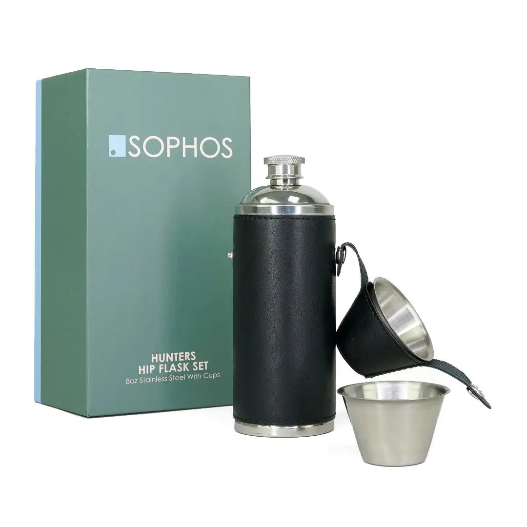 Stylish Sophos 8oz Hunters Flask set with black leather and metal cups for country clothing