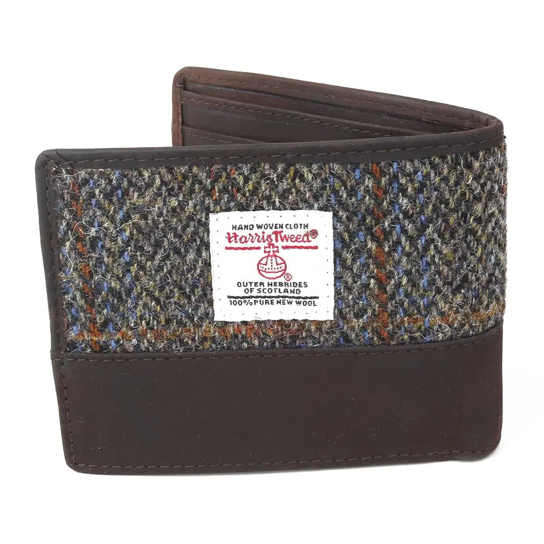 Harris Tweed wallet with leather trim and label in stylish brown Harris Tweed design