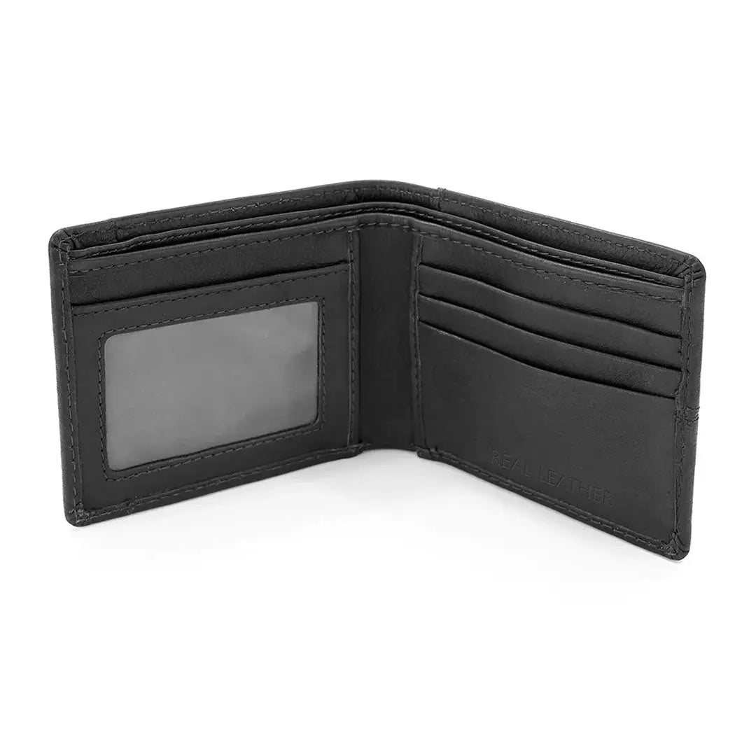 Black leather bifold wallet with card slots for country clothing and outdoors lovers