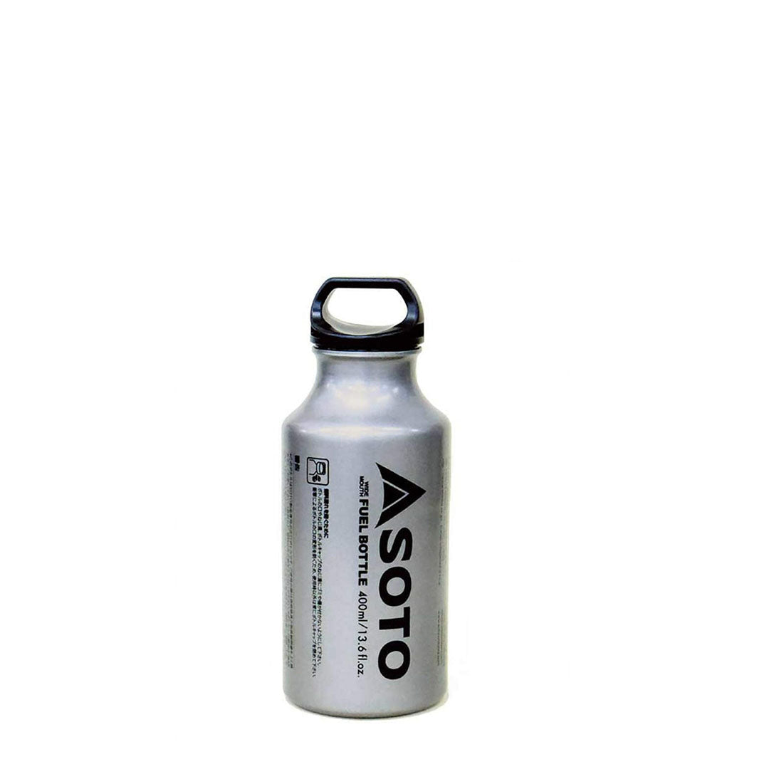 Silver Soto Fuel Bottle 400ml featuring a black handle for easy carrying