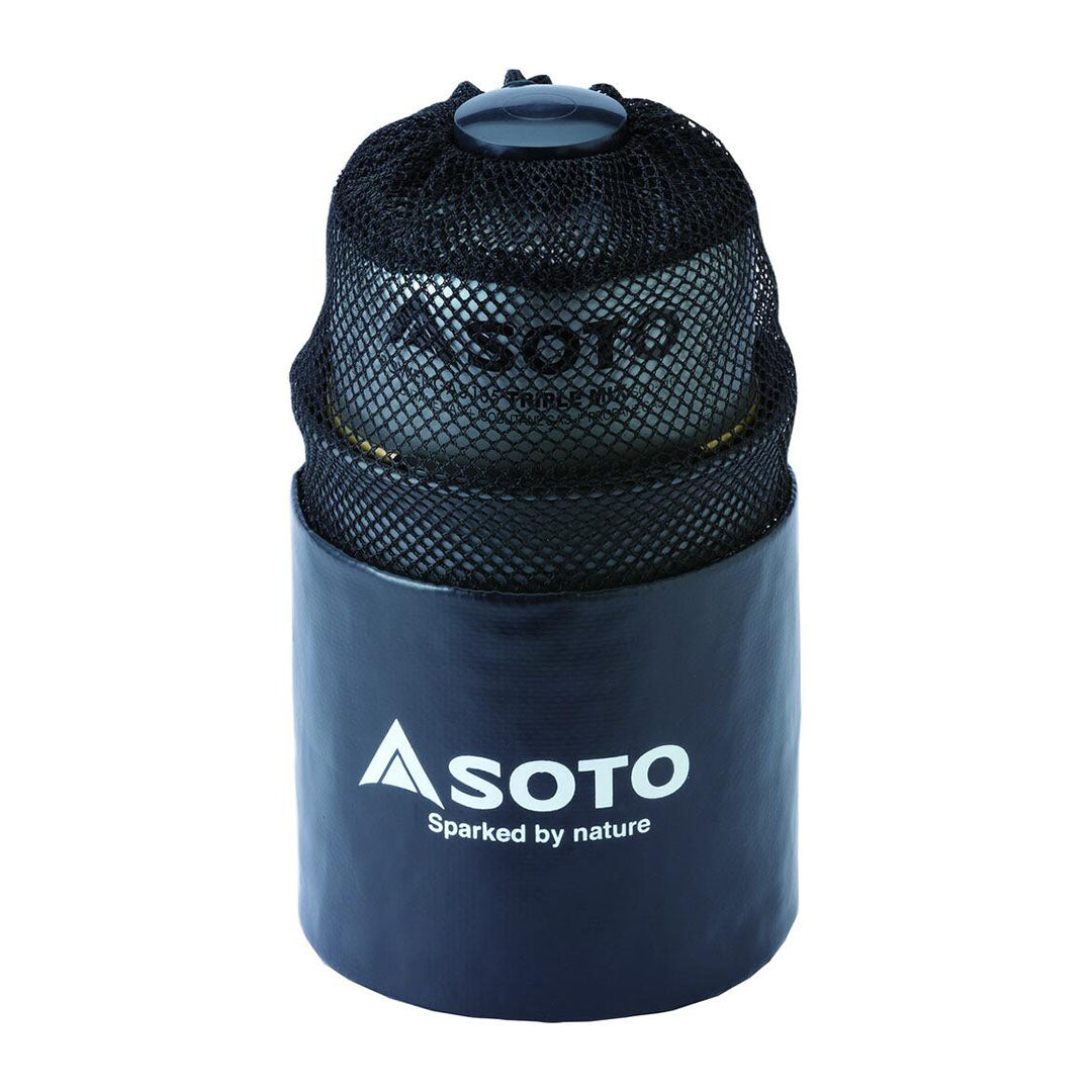 Camping stove in a black case with a mesh storage pouch for the Soto Thermolite Pot Set