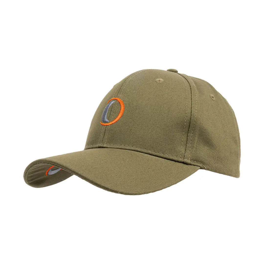 Olive green Speero Baseball Cap with an orange logo, perfect for country clothing and hunting