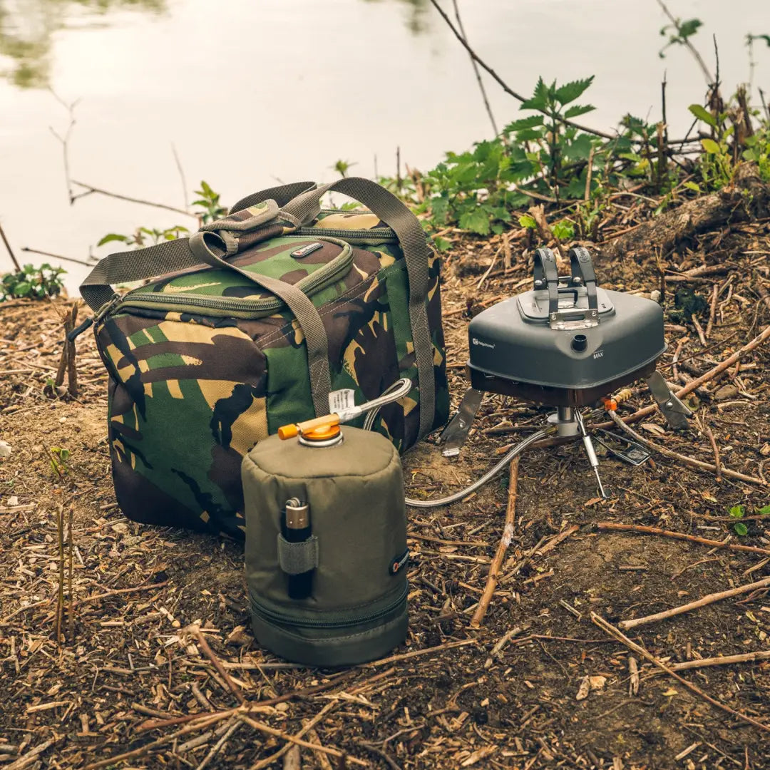 Camouflage Speero Brew Kit Bag with outdoor cooking gear for camping and fishing adventures