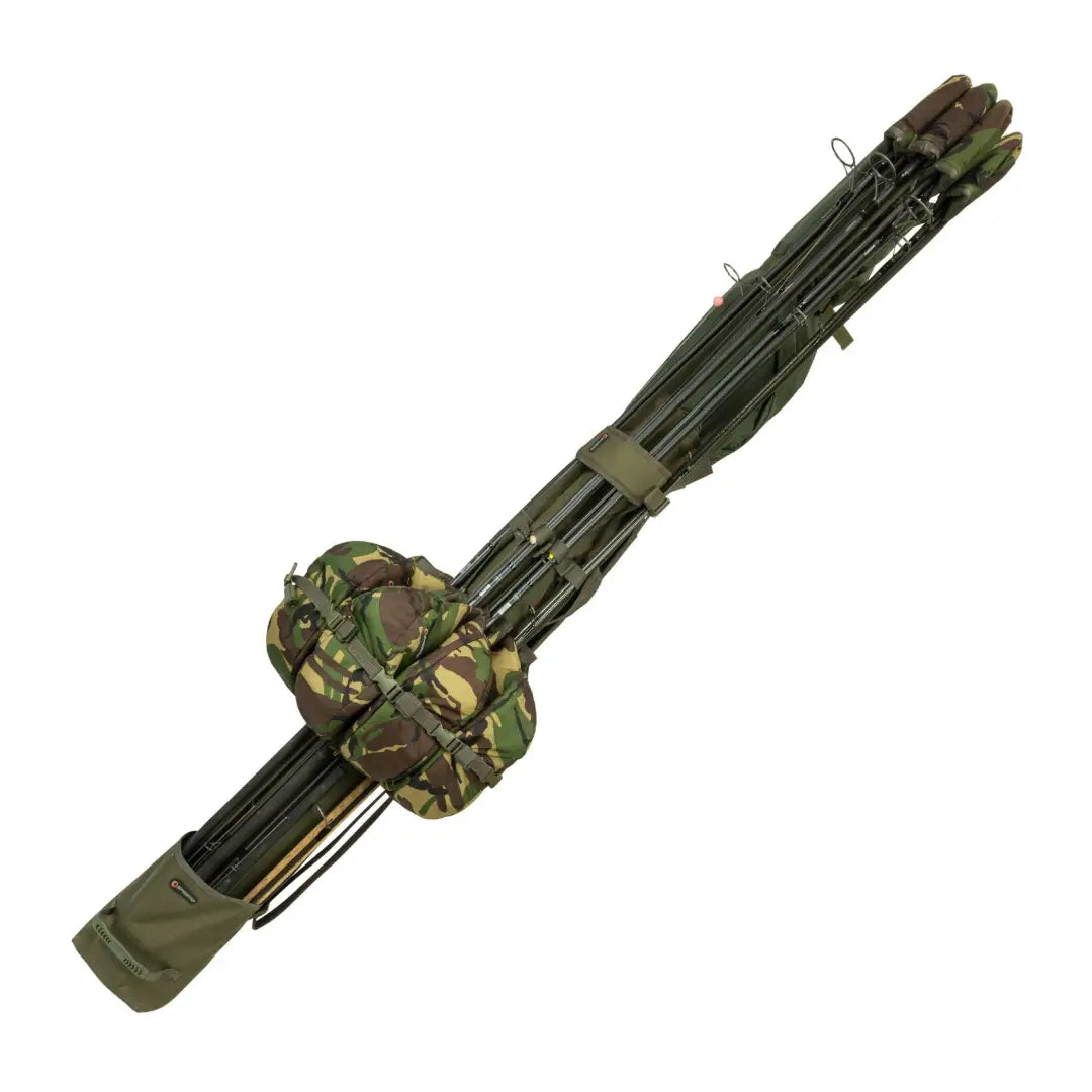 Camouflage-patterned Speero Compact Rod Sling with multiple compartments for fishing gear