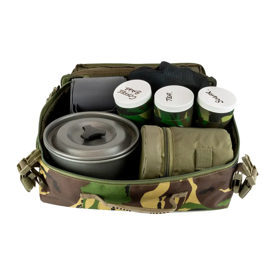 Camouflage-patterned Speero Modular Clip On Standard Bag with cooking gear inside