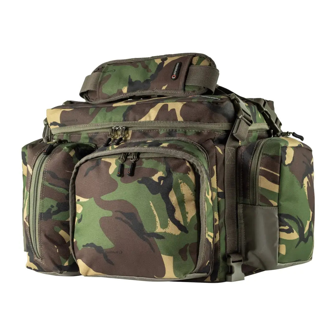 Camouflage-patterned modular cool bag with multiple compartments and pouches