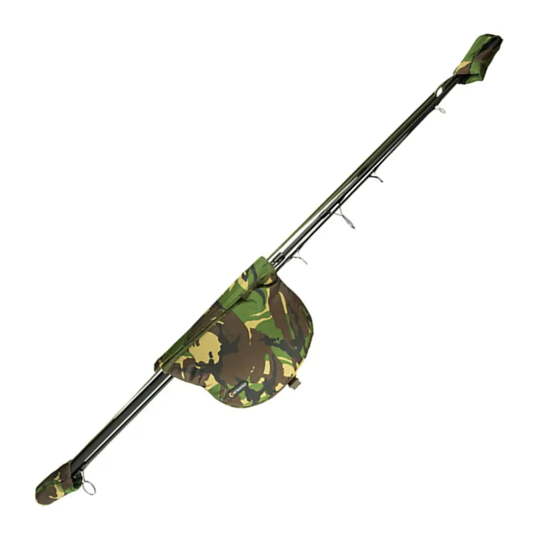 Fishing rod showcasing the Speero Reel Pouch with a cool camouflage reel cover