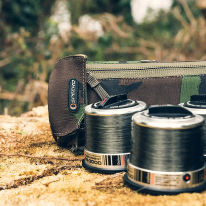 Camera lens bag and lenses on a natural surface, perfect for the Speero Spare Spool Case