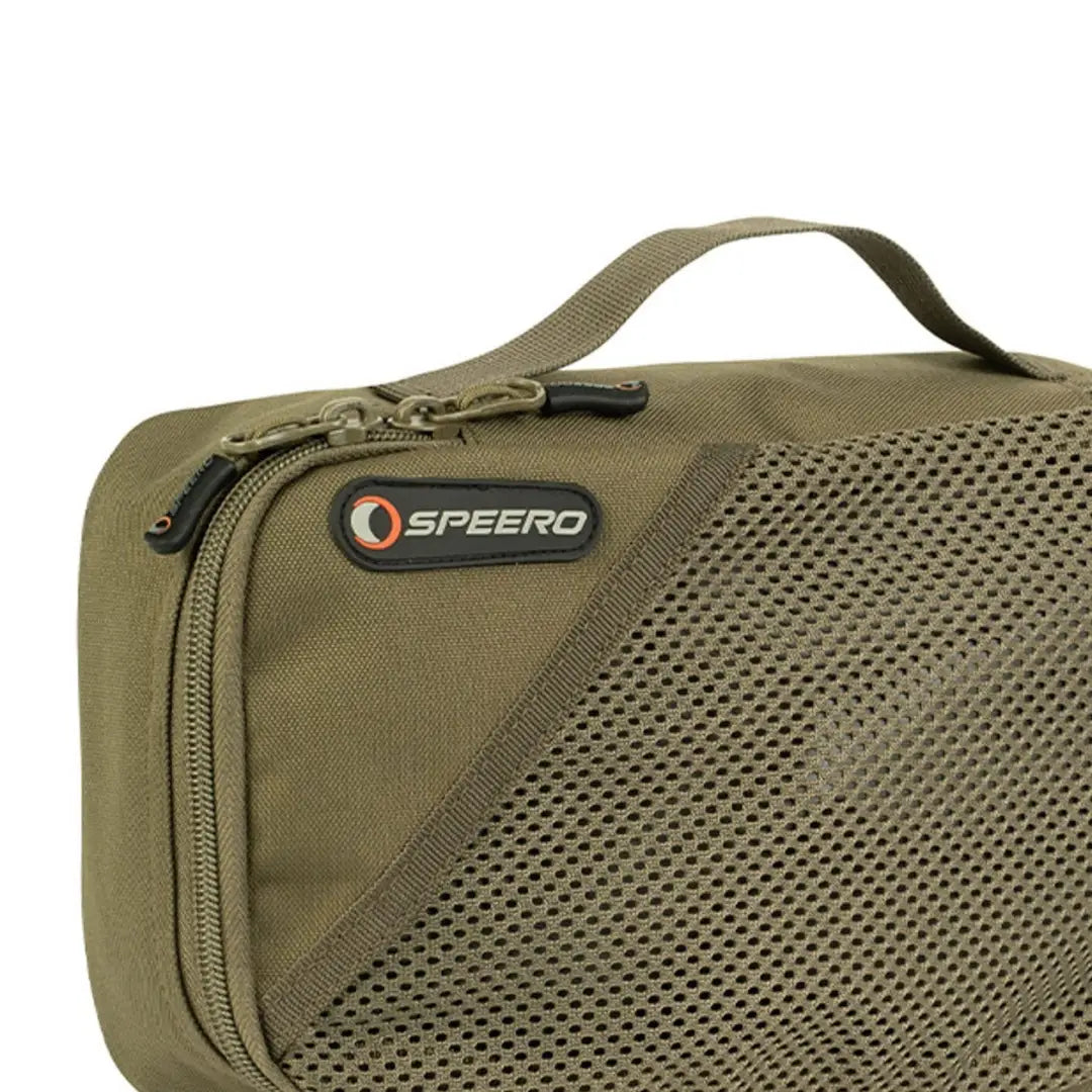 Olive green Speero Stash Bag with mesh panel for organized travel toiletries