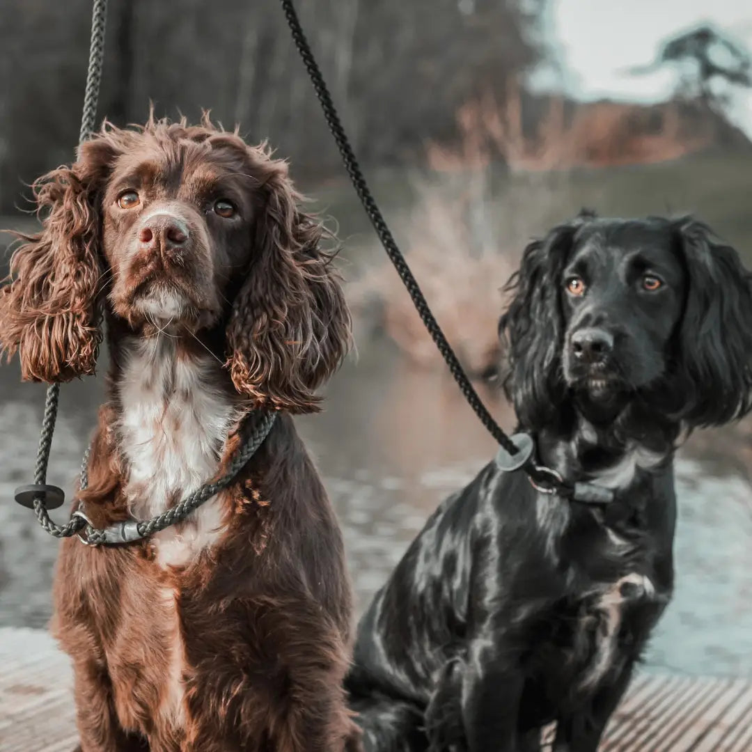 Two dogs, a brown spaniel and black retriever, on Sporting Saint Country slip leads