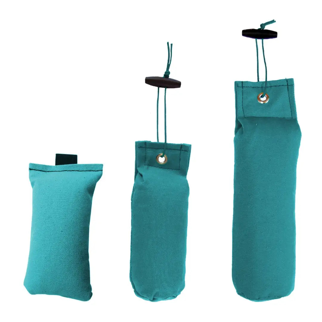 Three teal fabric pouches with drawstring closures for Sporting Saint Flight Dummy