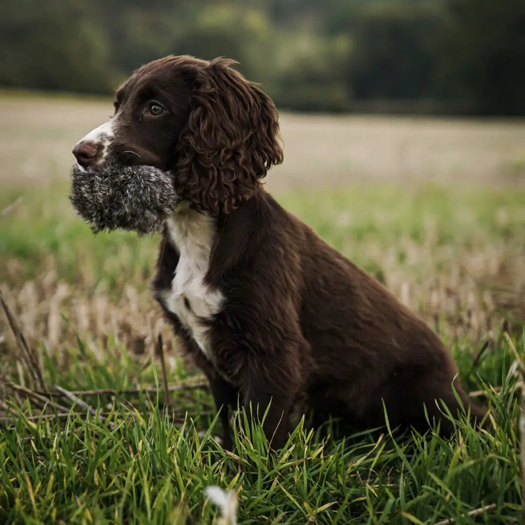 Spaniel dog with curly ears near Sporting Saint Rabbit Ball, ready for playtime fun