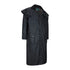 Long black Waxed Cotton Stockman Coat with wide collar and button closures