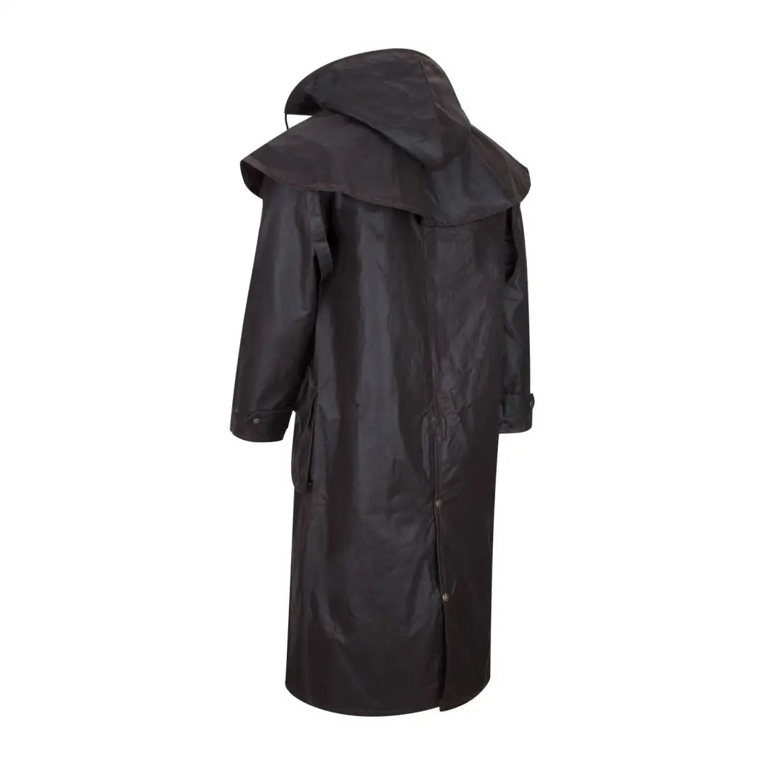 Long black Stockman Full Length Wax Coat with hood and stylish bottom split