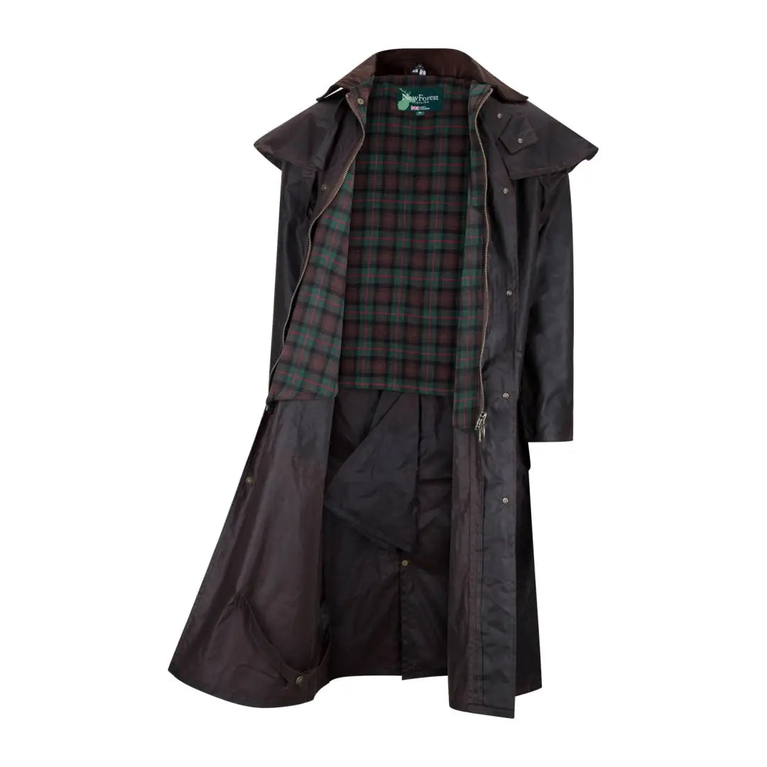 Long black trench coat with plaid lining perfect for the Stockman Full Length Wax Coat