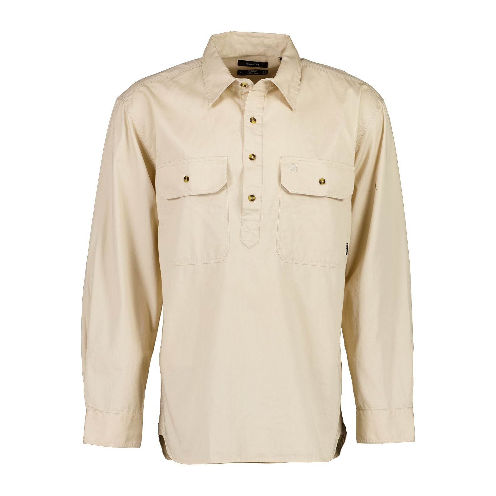 Beige long-sleeved Swanndri Bendigo Work Shirt for comfort and durability on the job