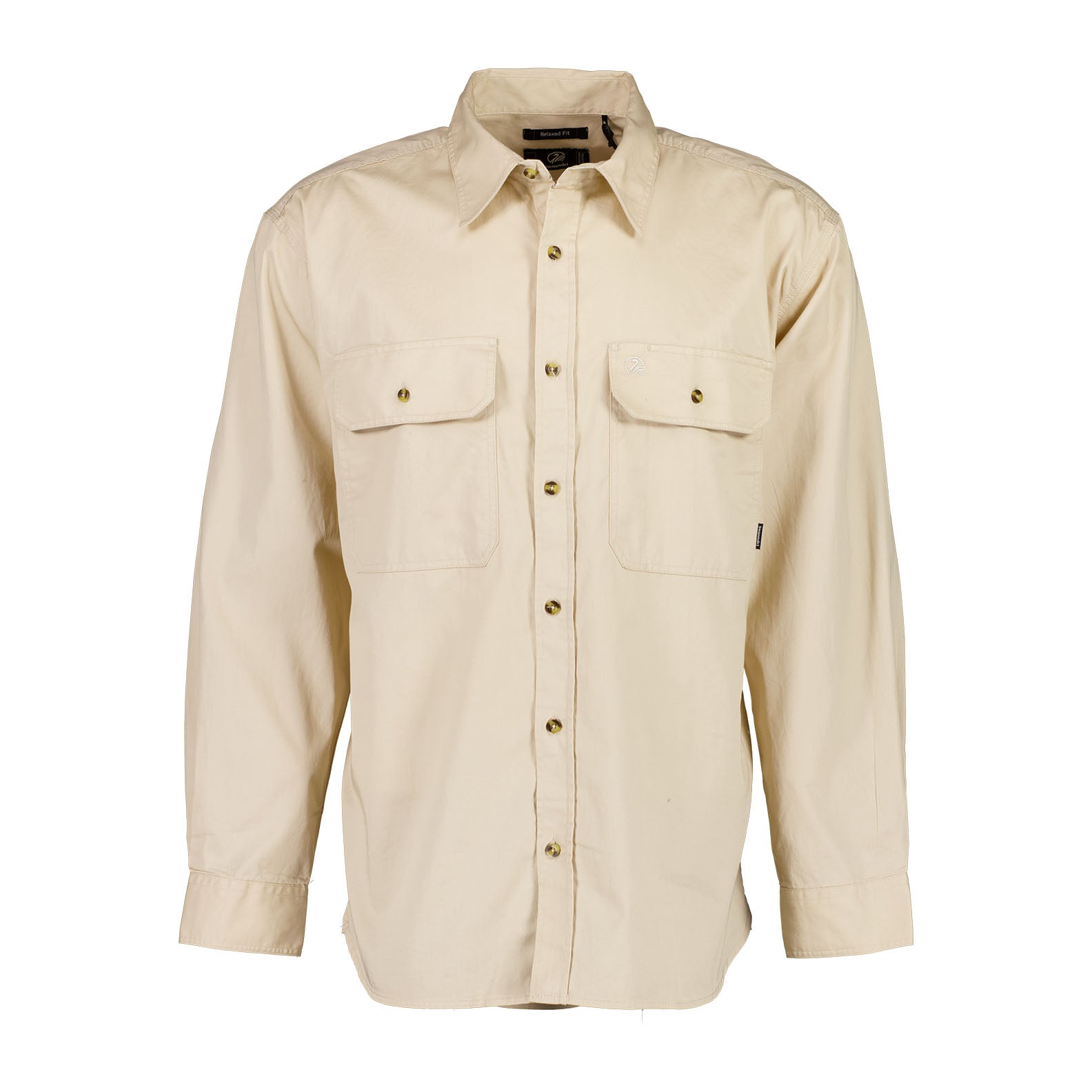 Beige long-sleeved Swanndri Byron Work Shirt in relaxed fit, perfect for country clothing