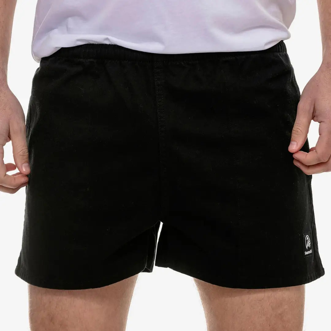 Black athletic rugby shorts with logo, perfect for country clothing and hunting adventures