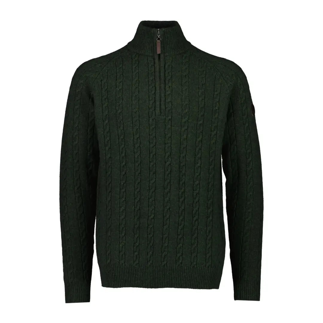 Dark green quarter zip cable-knit sweater, perfect for country clothing and hunting