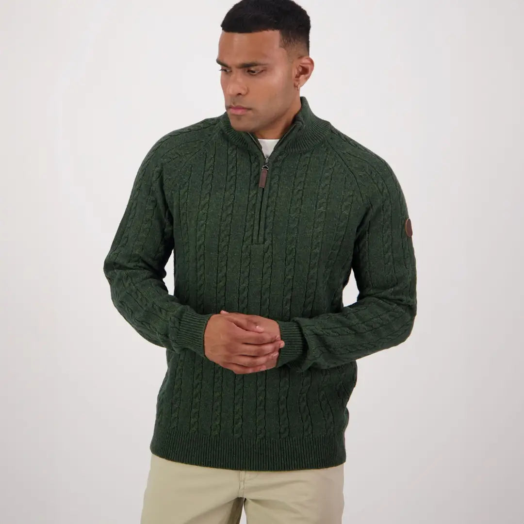 Dark green quarter zip cable-knit sweater from Swanndri, perfect for country clothing and hunting