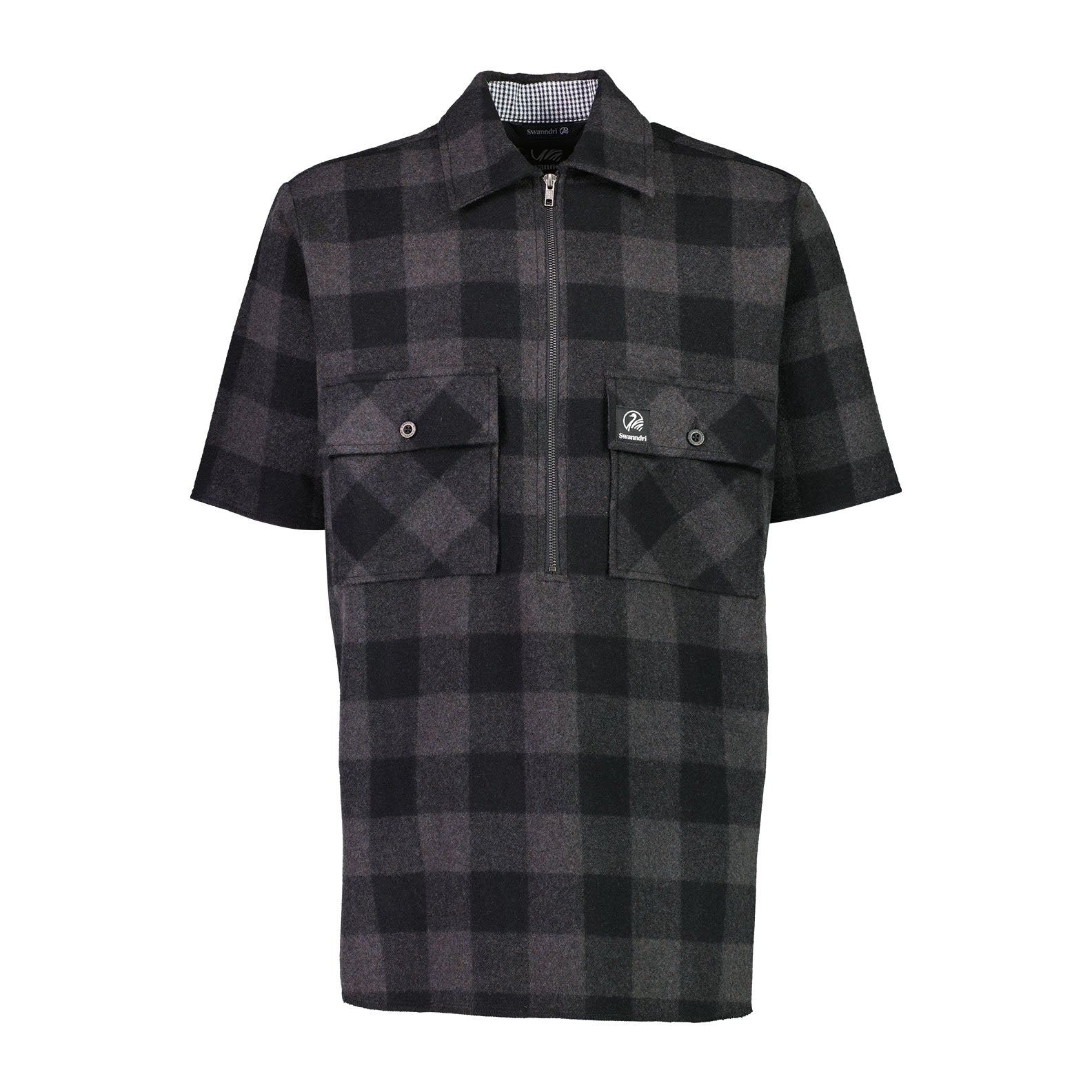 Gray and black plaid short-sleeved half zip shirt, perfect for country clothing and outdoor hunting