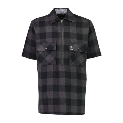 Gray and black plaid short-sleeved half zip shirt, perfect for country clothing and outdoor hunting