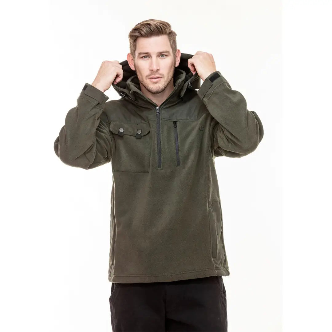 Olive green Swanndri High Rock hoodie with double domed flap pockets in polyester anti-pill fleece