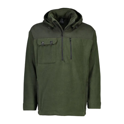 Dark green Swanndri High Rock hoodie in polyester anti-pill fleece with domed flap pockets