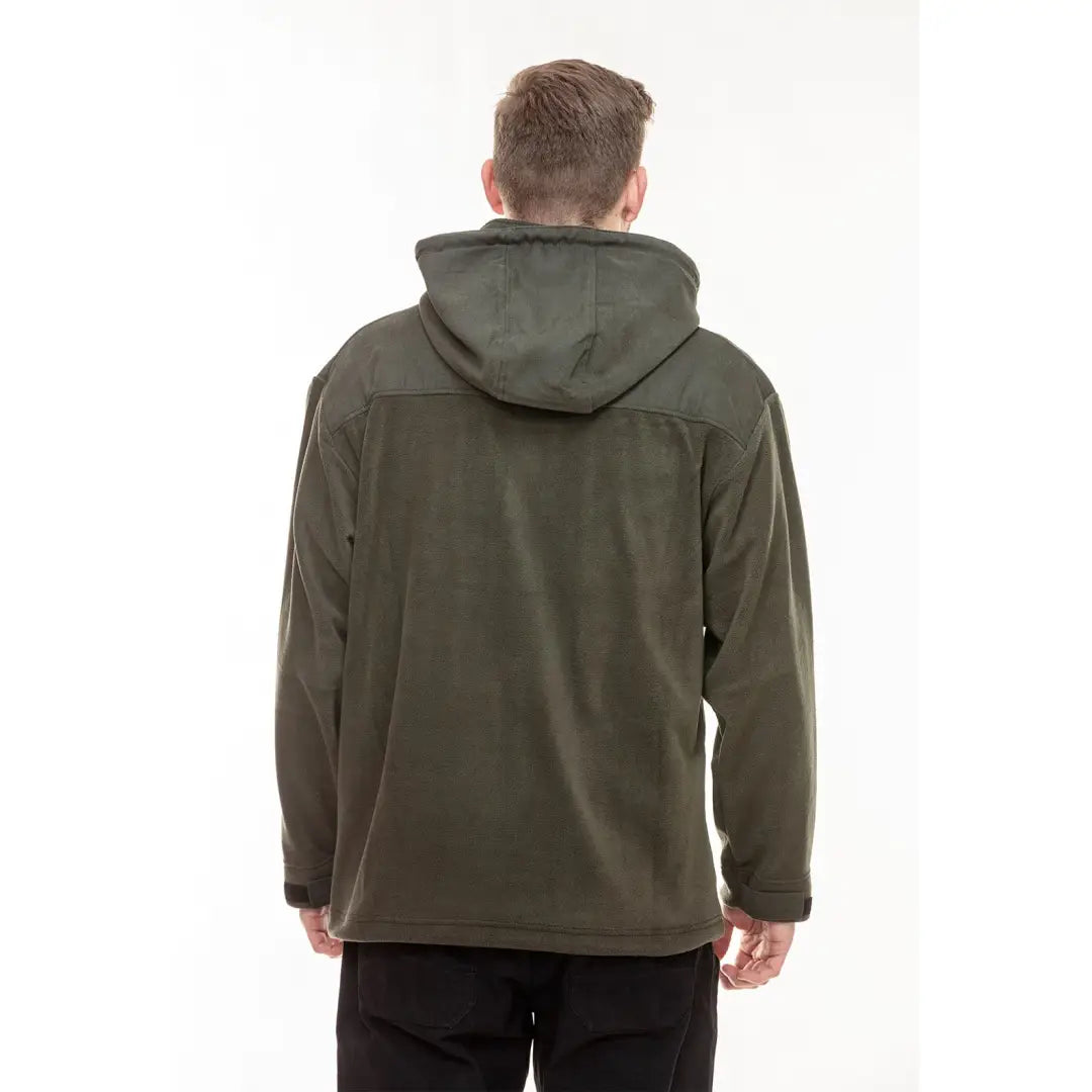 Olive green hooded fleece jacket back view featuring polyester anti-pill fleece