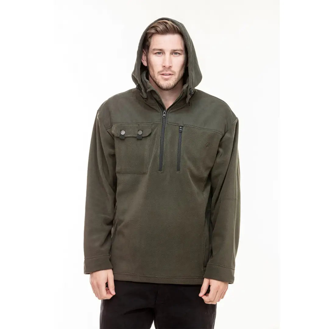 Olive green Swanndri High Rock hoodie with pockets, made of polyester anti-pill fleece