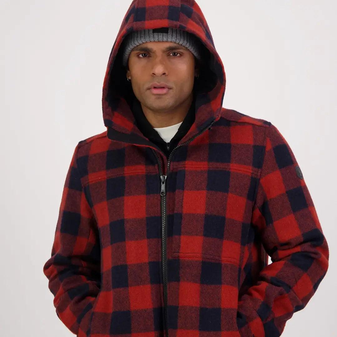 Red and black plaid Hudson Wool Hoody with zipper front for cozy, stylish warmth