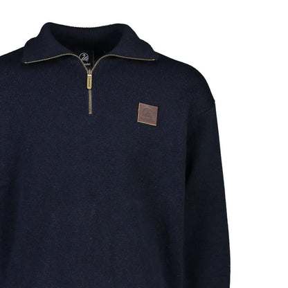 Navy blue Swanndri Mariner Zip Neck Jumper in Shetland wool with leather patch