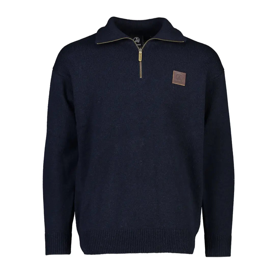 Navy blue Swanndri Mariner Zip Neck Jumper with brown leather patch on chest