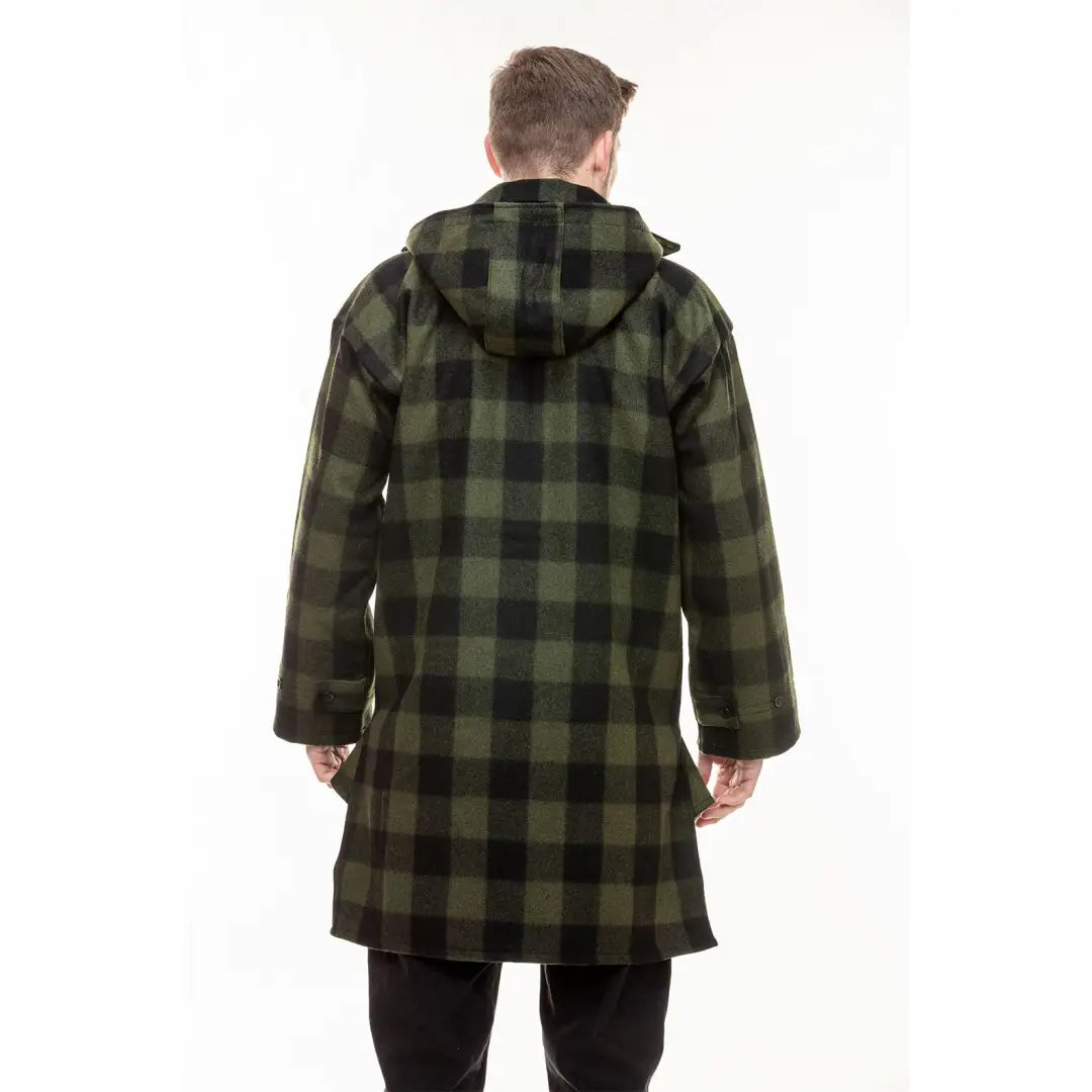 Back view of the green and black plaid hooded coat for country clothing lovers