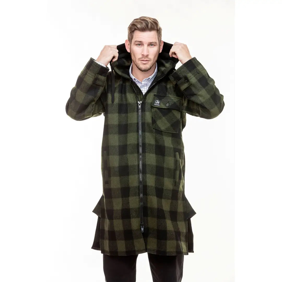 Green and black plaid hooded coat for country clothing and outdoor adventures