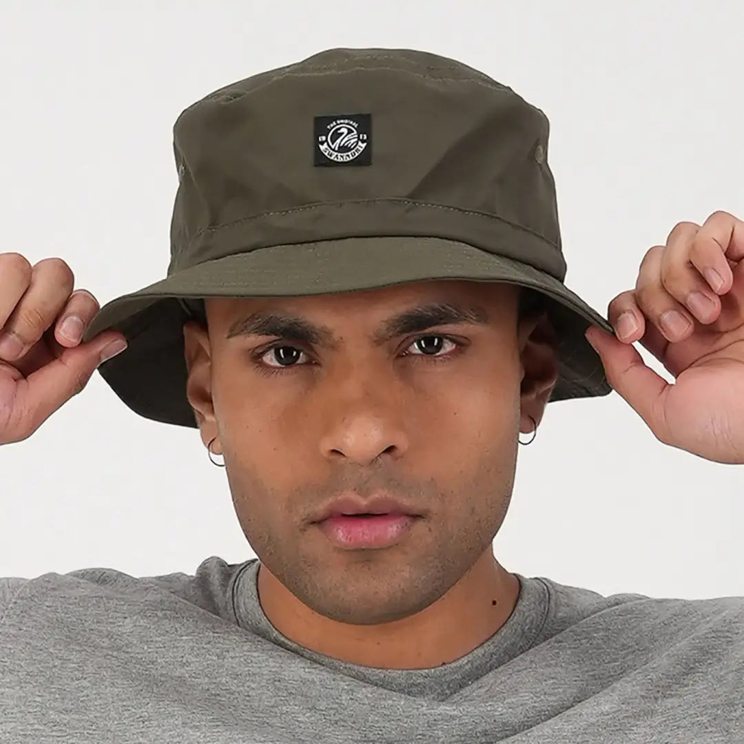 Olive green bucket hat with logo patch, perfect for country clothing and hunting