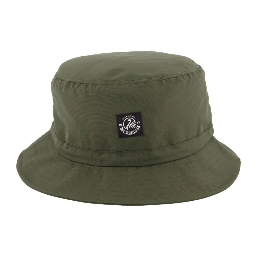 Olive green bucket hat with black logo patch, perfect for country clothing and hunting