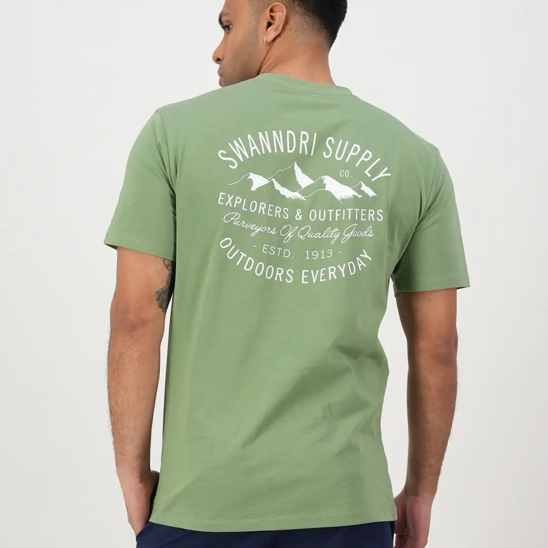 Green Swanndri Old Ties Printed T Shirt with Swanndri Supply branding, perfect for outdoors