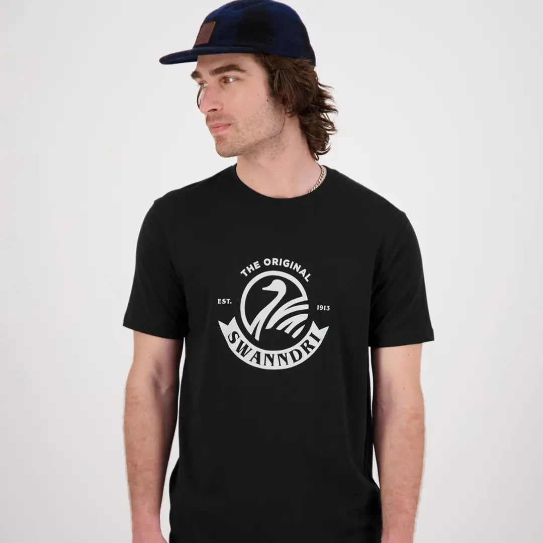 Black Swanndri Original V2 Printed Tee with white swan logo and text design