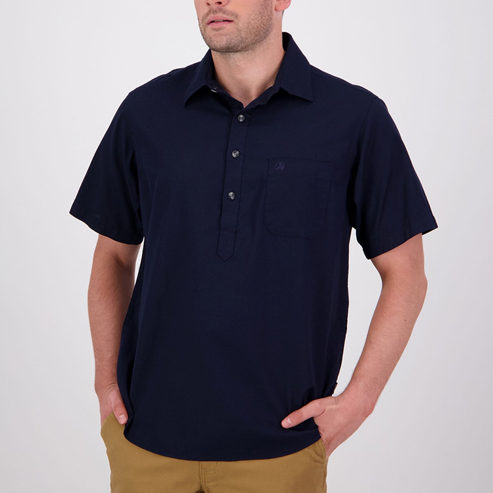 Navy short-sleeved collared shirt from Swanndri Paihia V2, the ultimate summer shirt