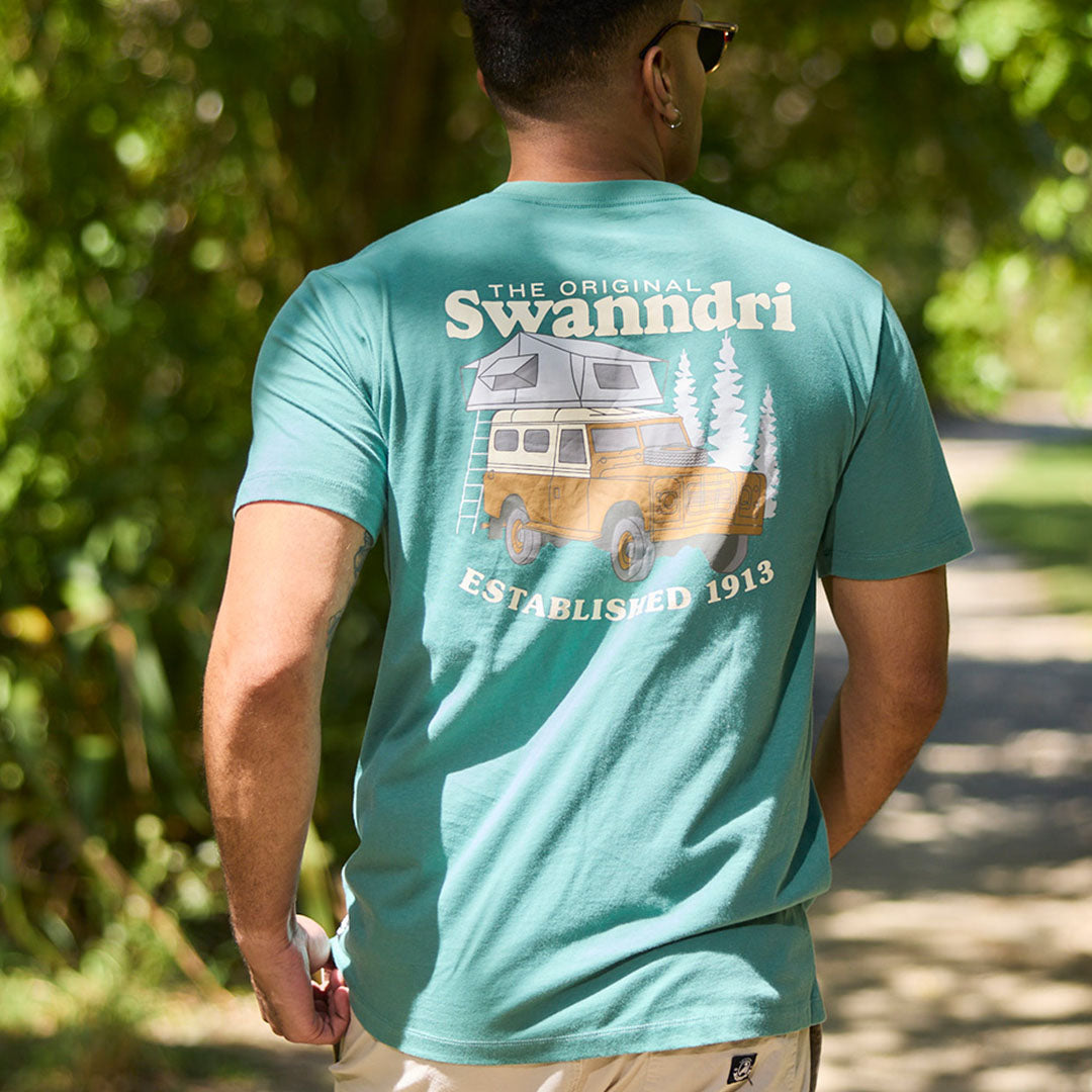 Teal Swanndri Pop Top Printed T Shirt featuring a cool camper van graphic