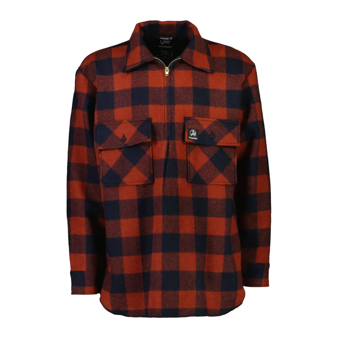 Red and navy blue plaid flannel zipper Ranger Bush Shirt with chest pockets