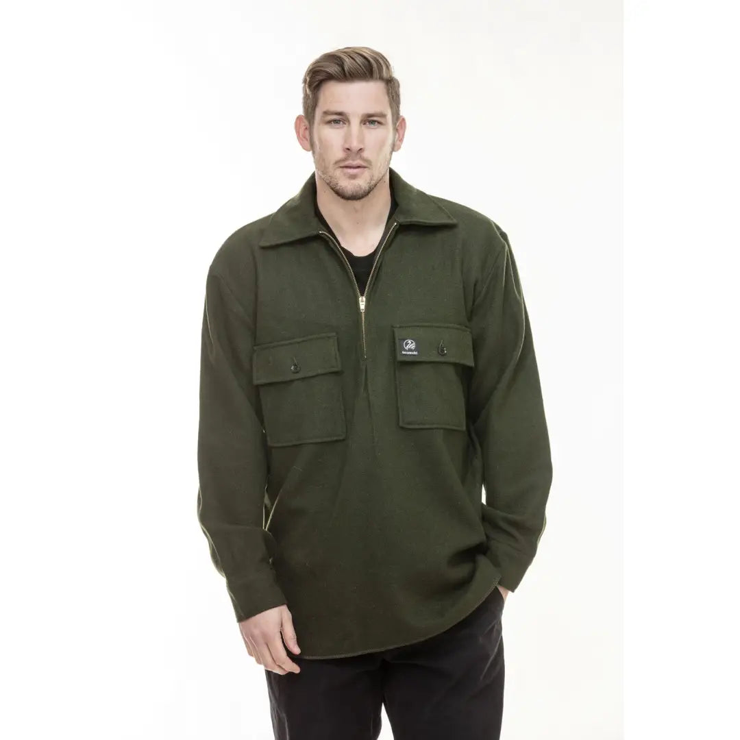 Olive green half-zip Ranger Bush Shirt with chest pockets for outdoor adventures