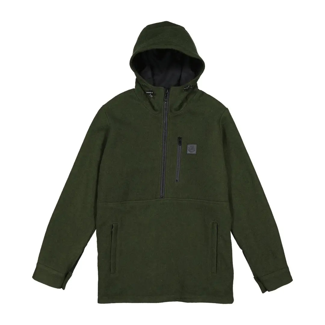 Dark green hooded jacket with zipper and chest pocket from Swanndri Reidston Wool Anorak