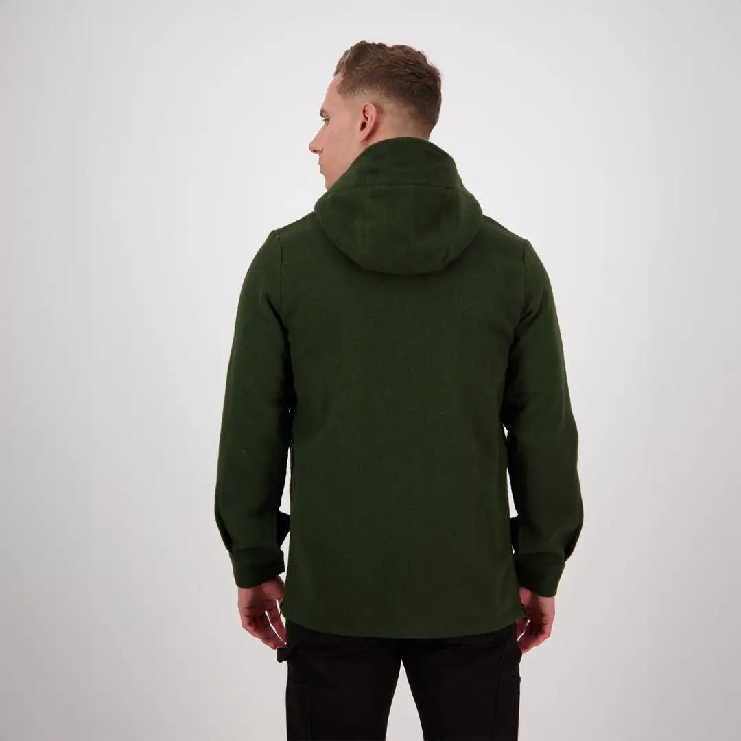 Dark green hooded sweatshirt from behind, showcasing the Swanndri Reidston Wool Anorak