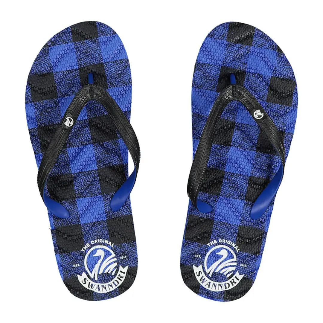 Stylish blue and black plaid flip-flops for country clothing lovers, perfect for outdoors