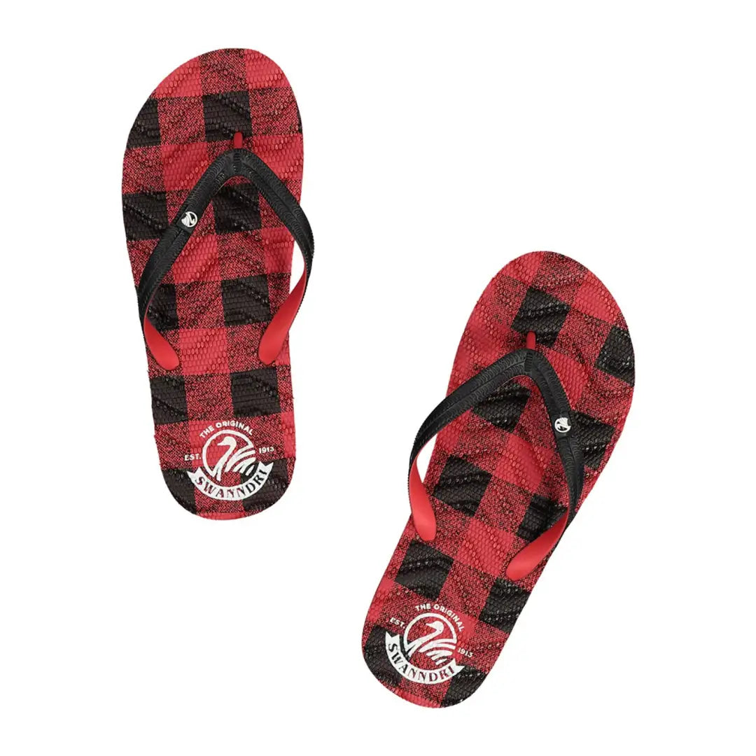 Stylish red and black plaid flip-flops for country clothing lovers and outdoor adventures