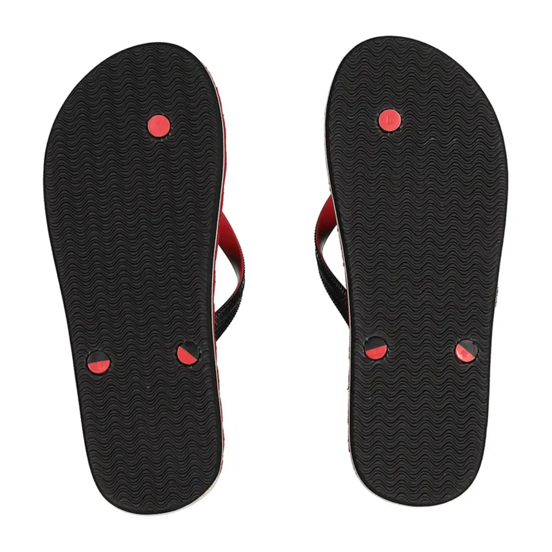 Black flip-flops with red straps, perfect for outdoor adventures in country clothing