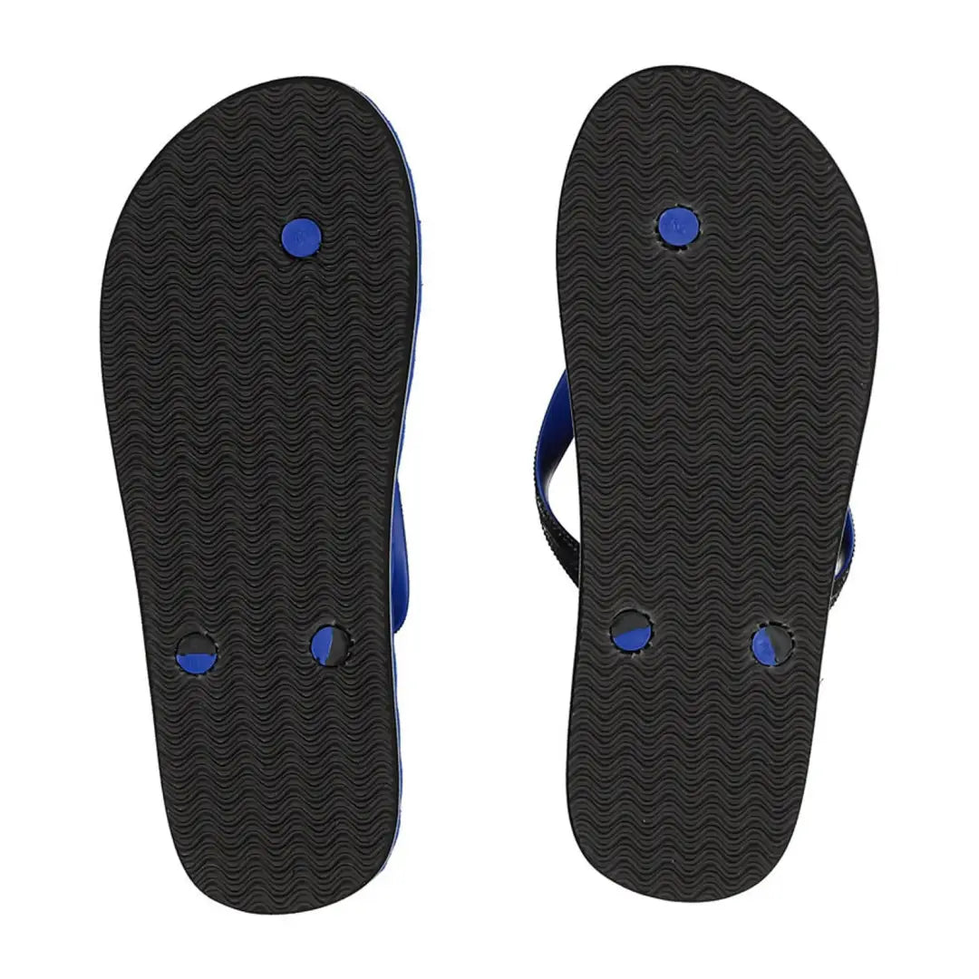 Black flip-flops with blue straps, great for the outdoors and country clothing lovers