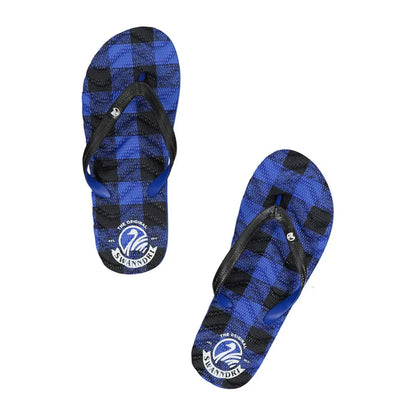 Blue and black plaid flip-flops with logo, perfect for country clothing and outdoors fun